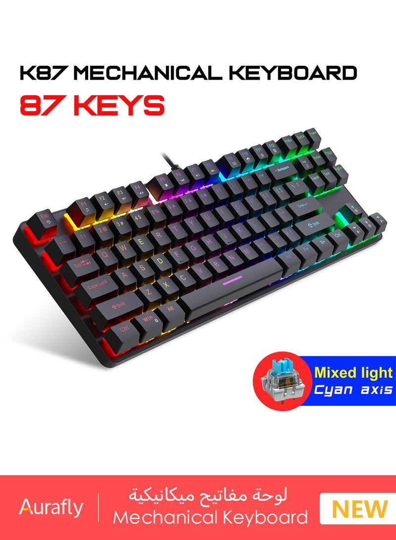 أورافلي لوحة مفاتيح ميكانيكية للألعاب، لوحة مفاتيح سلكية محمولة مكونة من 87 مفتاحًا مع مفاتيح زرقاء، و16 وضع إضاءة مختلطة الألوان، وإضاءة خلفية RGB، ومقاومة للماء والرذاذ، ودوران كامل للمفاتيح N، ومناسبة للاعبي الكمبيوتر الشخصي/PS4/Xbox ومستخدمي Mac، باللون الأسود. - Image 1